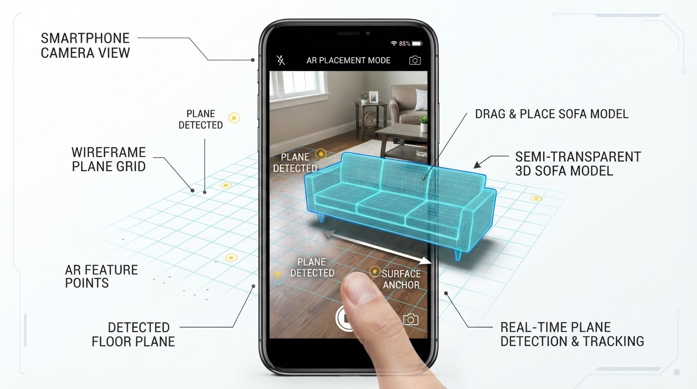 AR 공간 인식과 3D 객체 배치 다이어그램