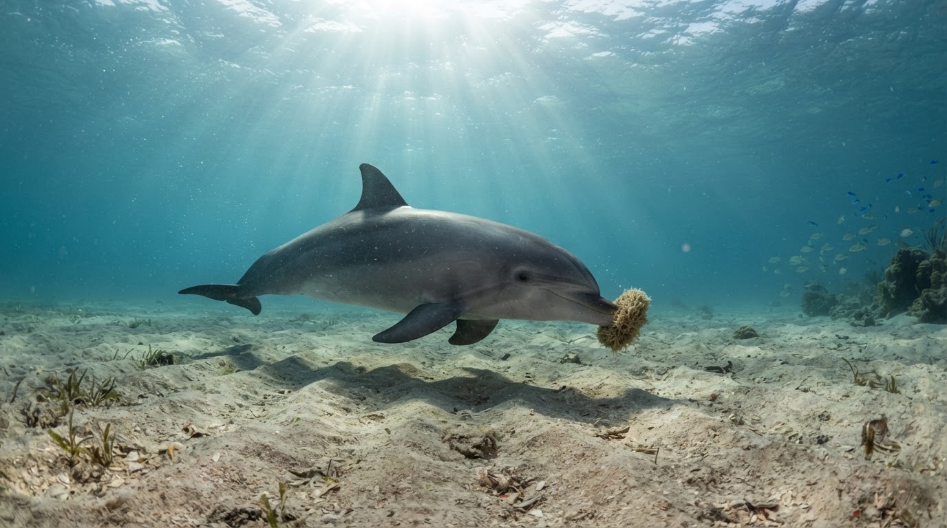 Dolphin using sponge tool on seafloor