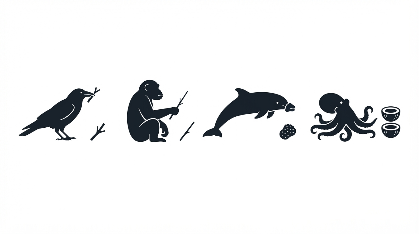 Diagram of four tool-using animals with tools