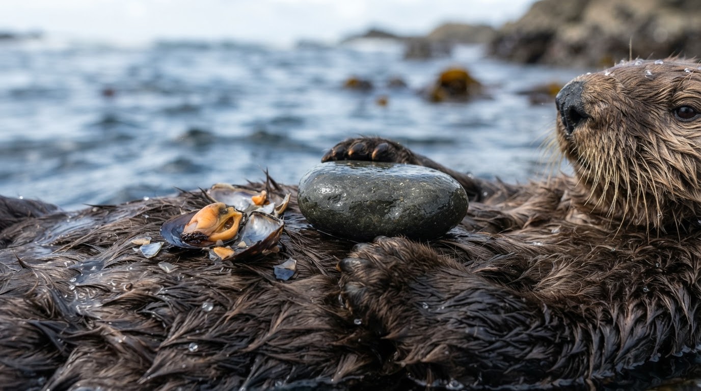Sea otter using rock to crack shellfish