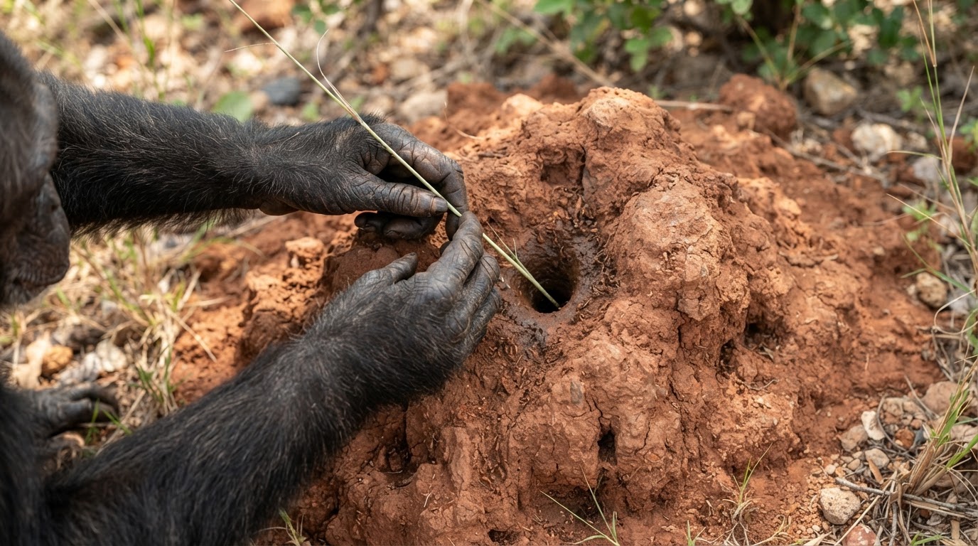 Chimpanzee using grass stem tool on termite mound