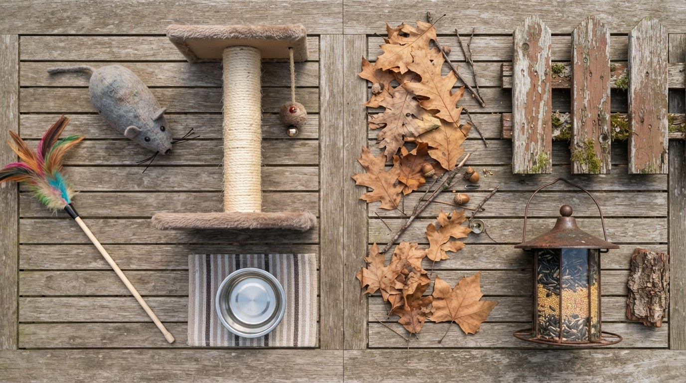 indoor cat toys beside outdoor nature enrichment items flat-lay