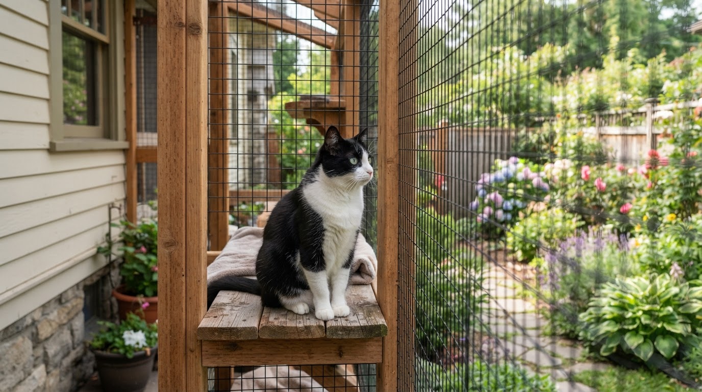 black and white cat inside wooden catio enclosure looking at garden