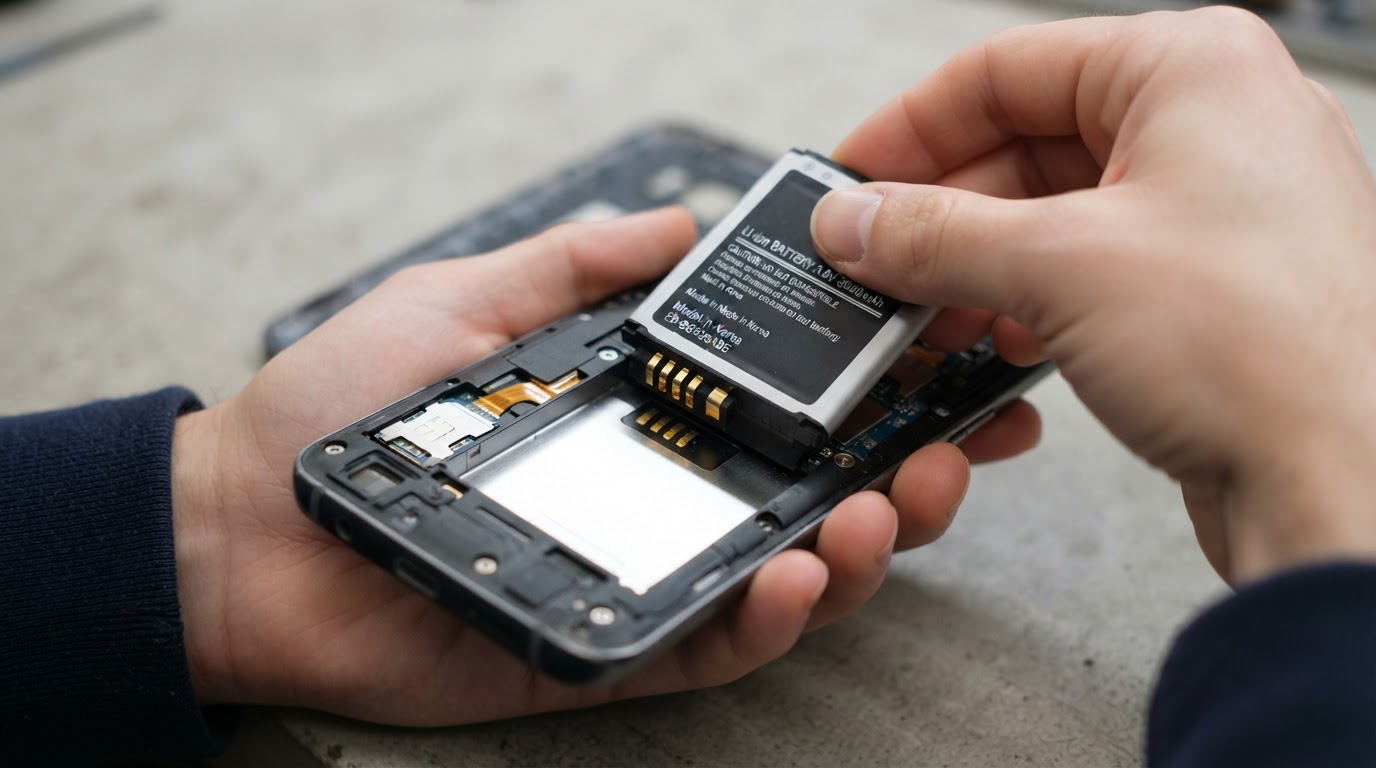 Hand removing a replaceable smartphone battery
