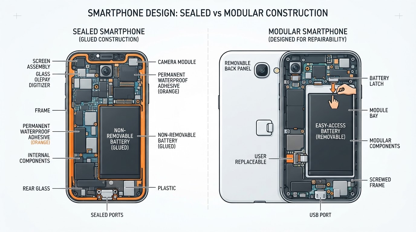 Diagram comparing sealed vs modular phone battery design