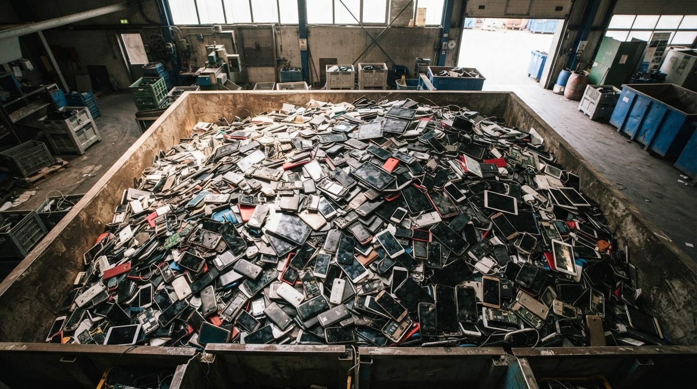 Overhead view of e-waste electronics collection pile