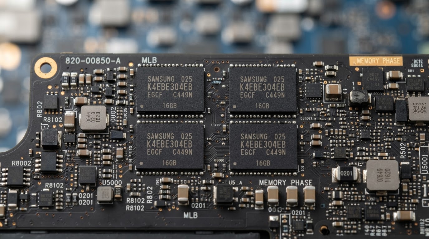 Close-up of soldered RAM chips on laptop motherboard