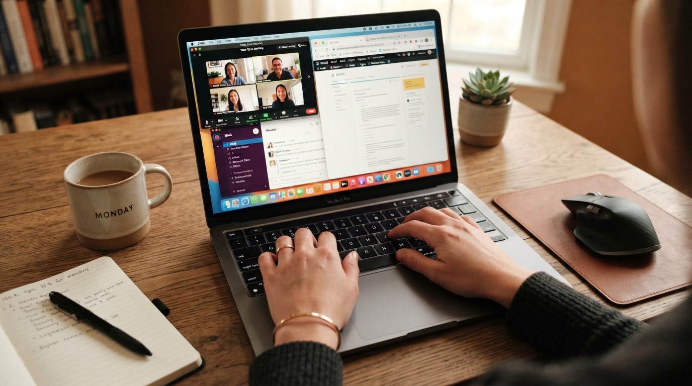 Person multitasking on laptop with video call open
