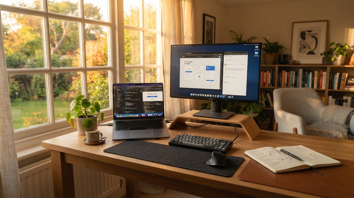 Home office setup with laptop and external monitor