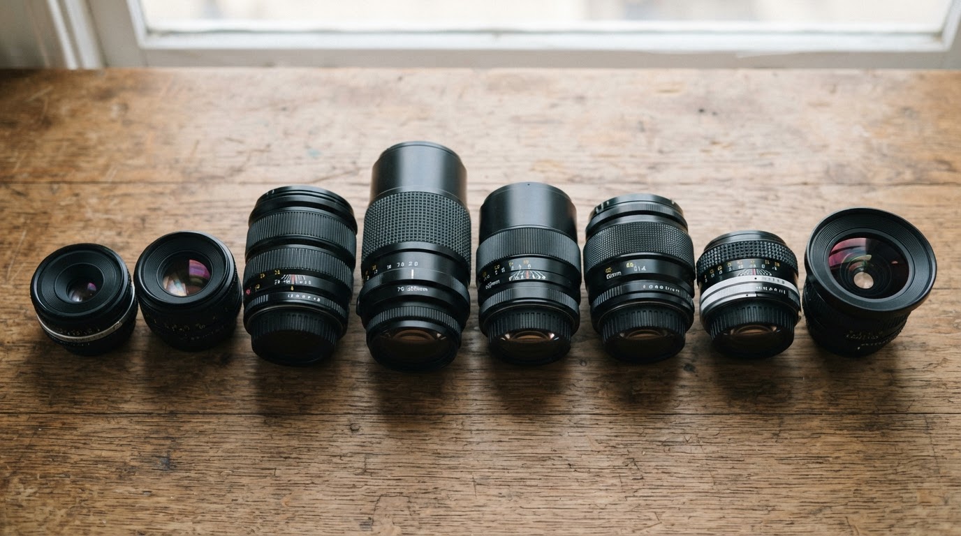 Assorted camera lenses lined up on wooden surface