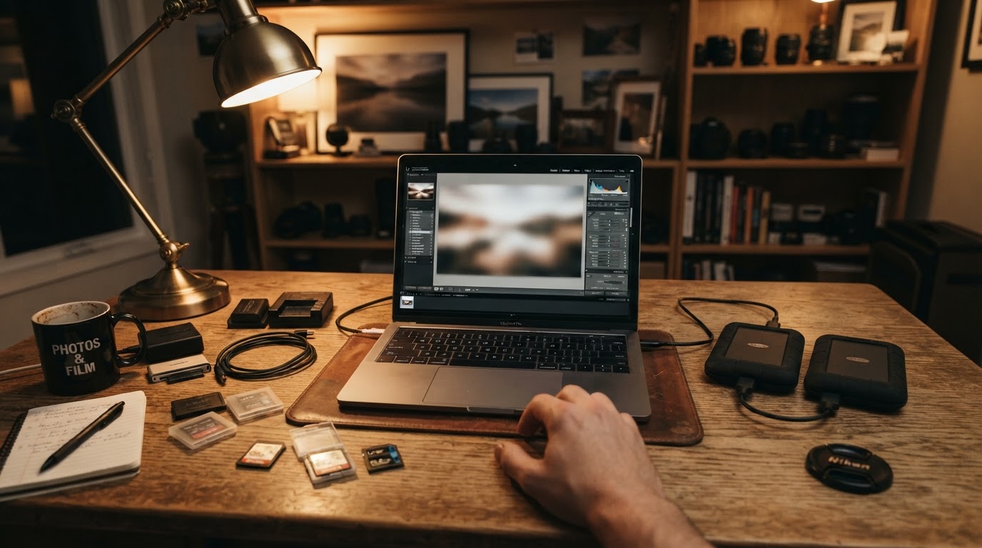 Photographer editing photos at organized desk setup