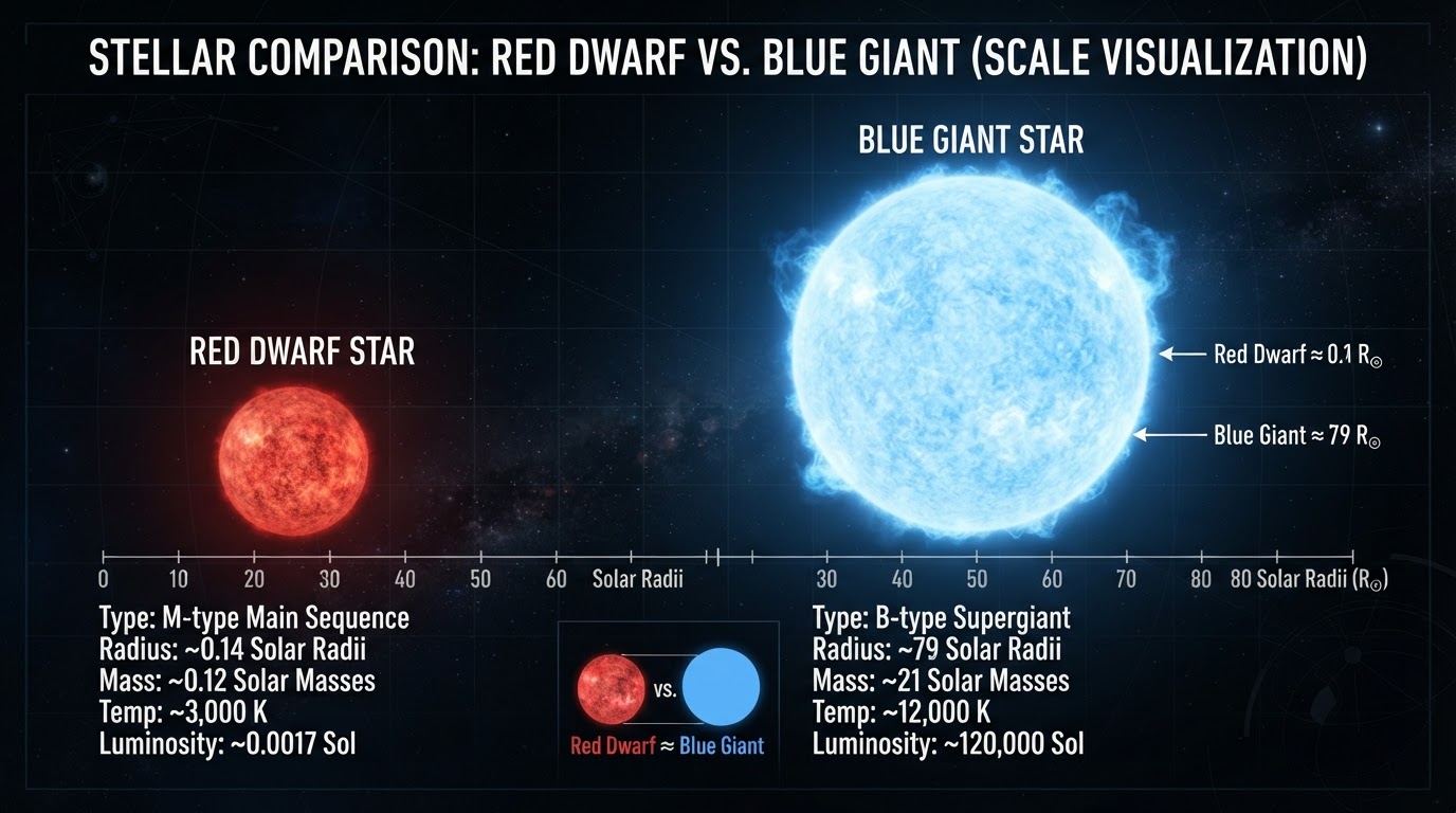 Size comparison of red dwarf and blue giant stars