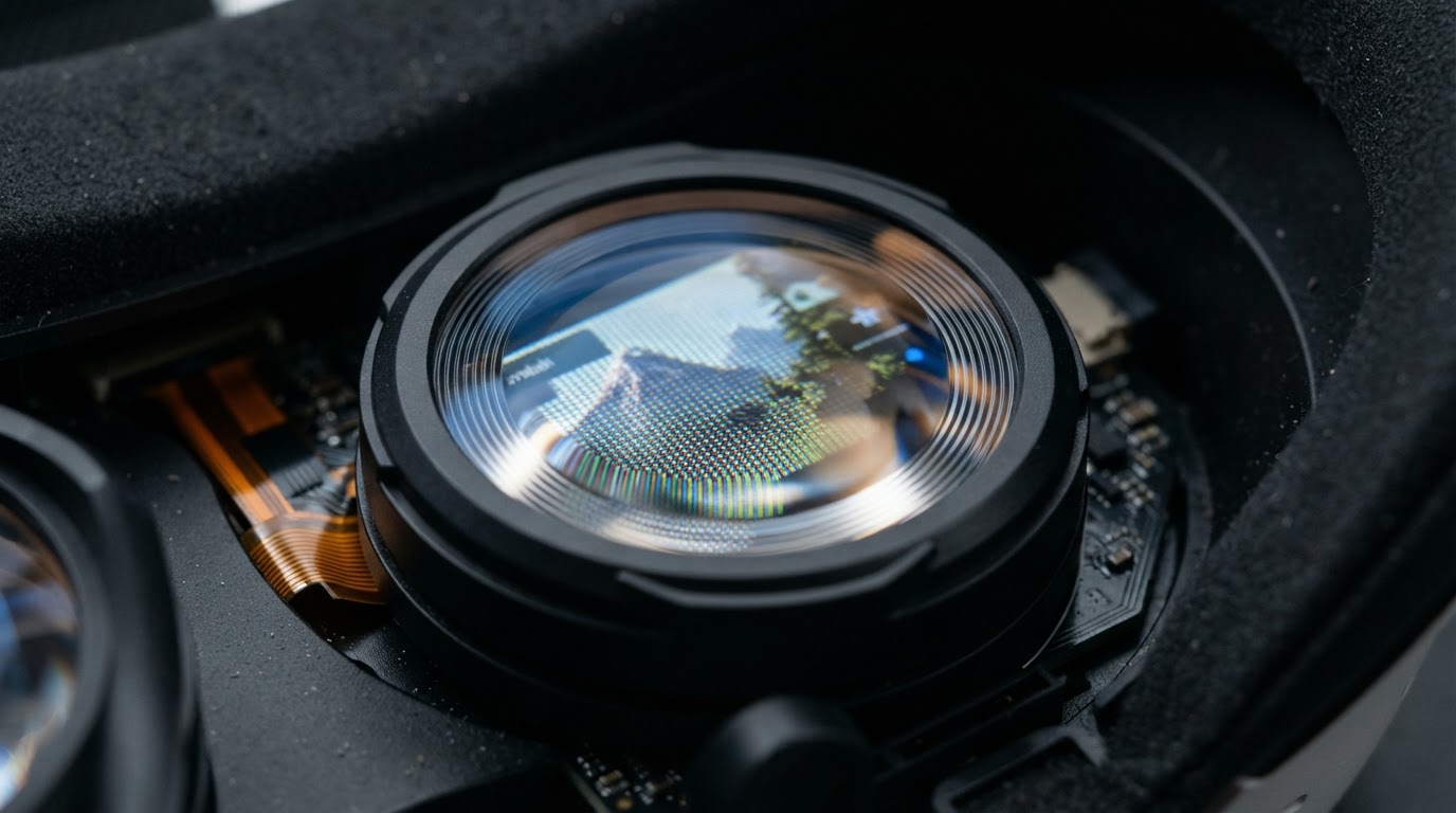 Close-up of VR headset internal optics and display