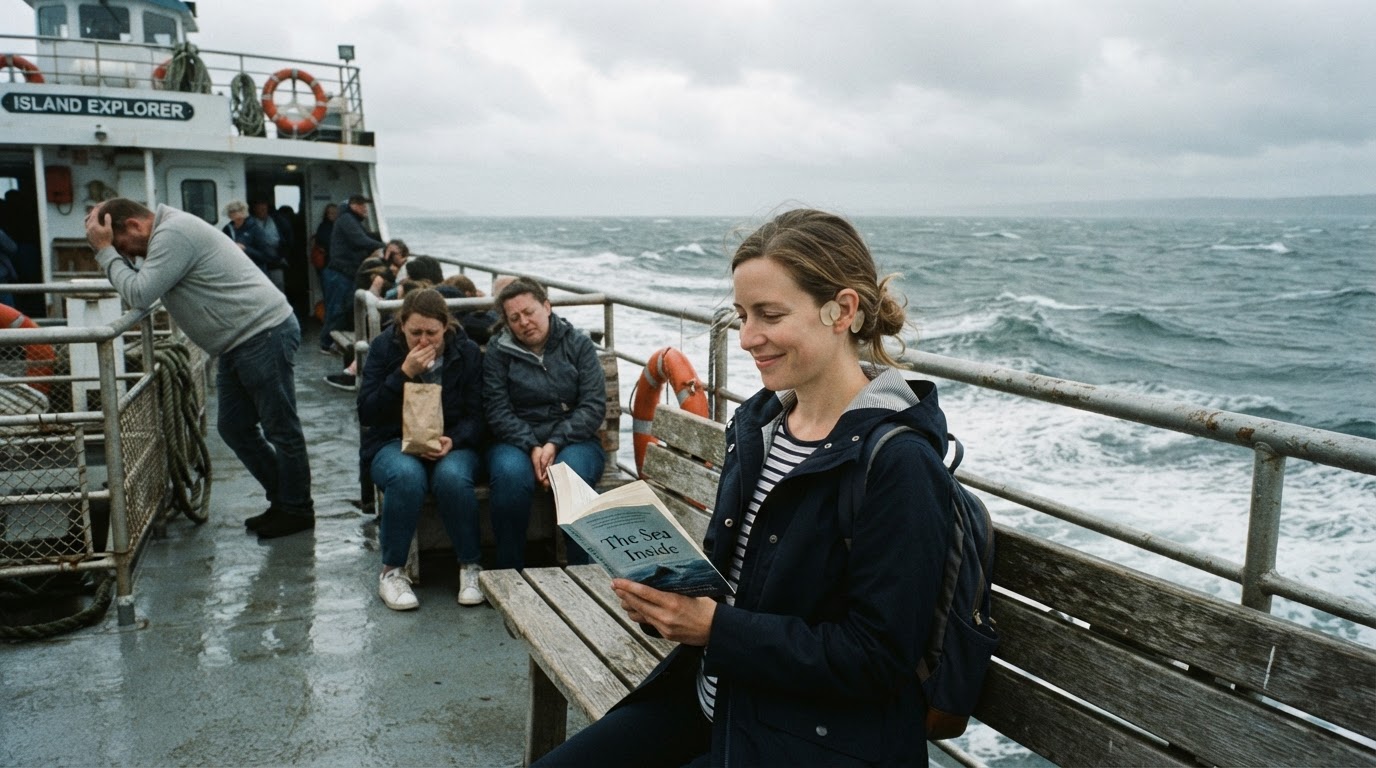 Ferry passenger using scopolamine patch on open water