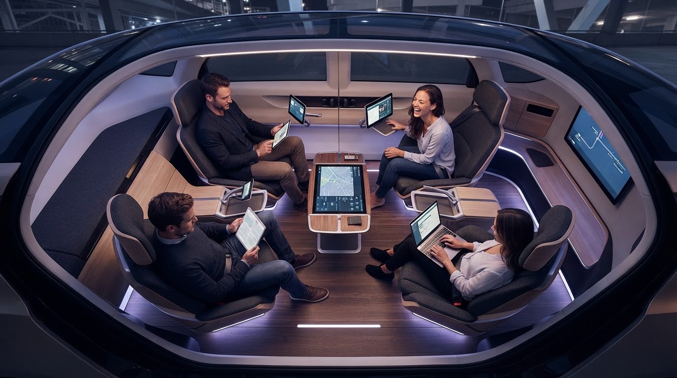 Overhead view of autonomous vehicle interior with passengers