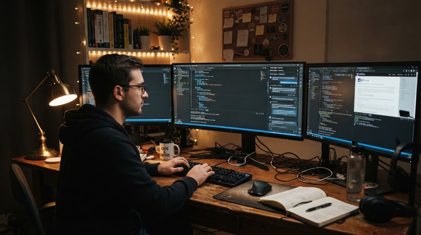Developer workspace with AI coding assistant on screen