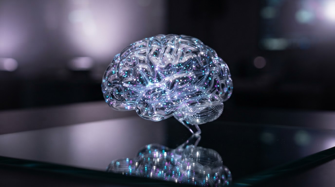 Glass brain model with glowing data points inside
