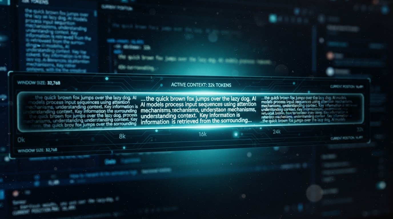 AI context window diagram with fading tokens