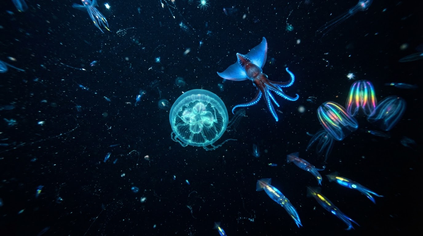 Bioluminescent marine creatures glowing in deep ocean darkness