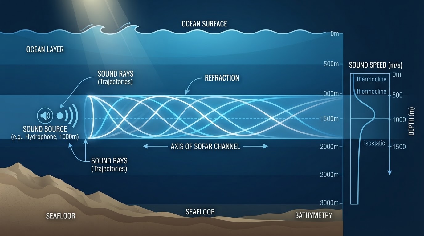 Diagram of SOFAR channel sound propagation underwater