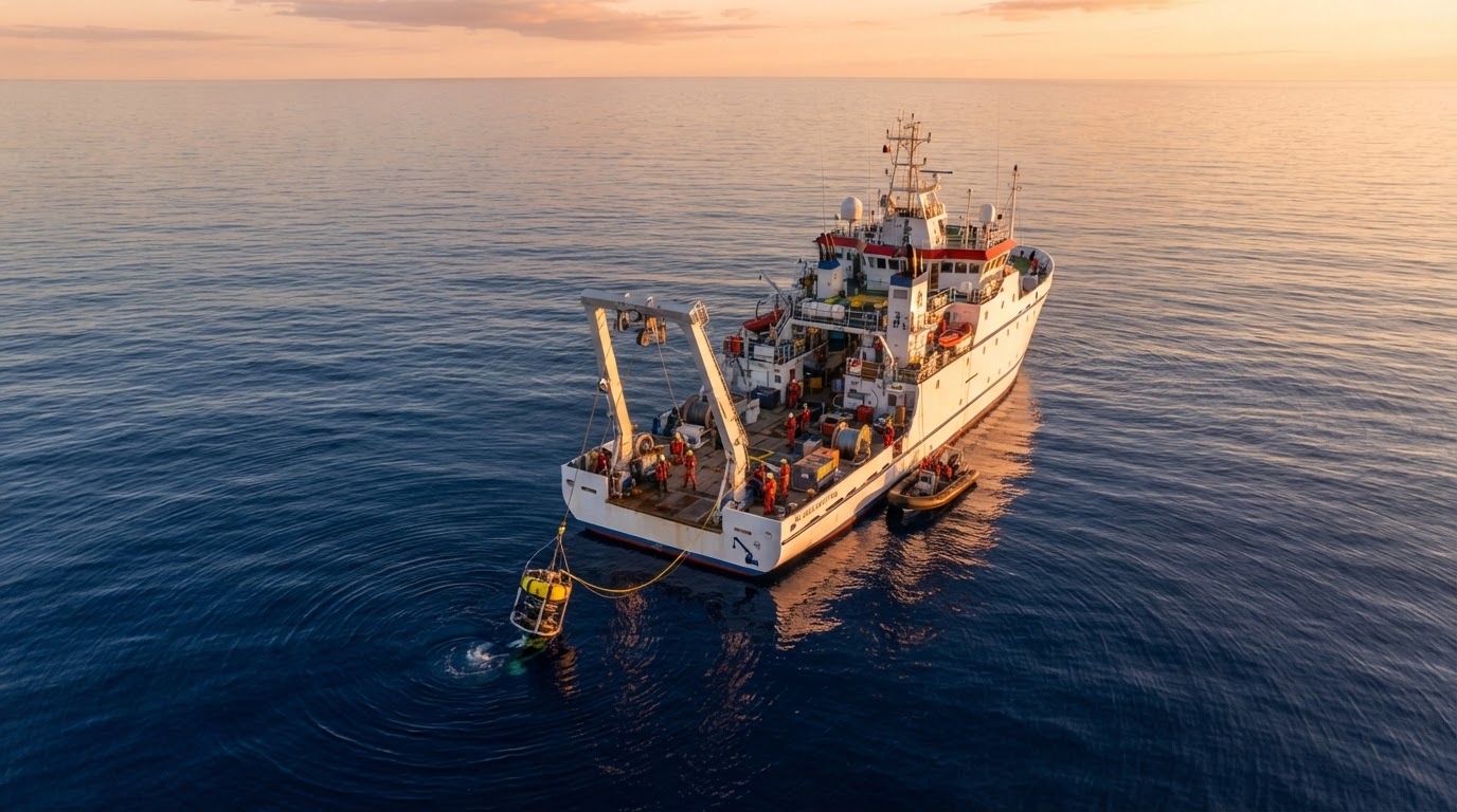 Research vessel lowering hydrophone equipment into ocean
