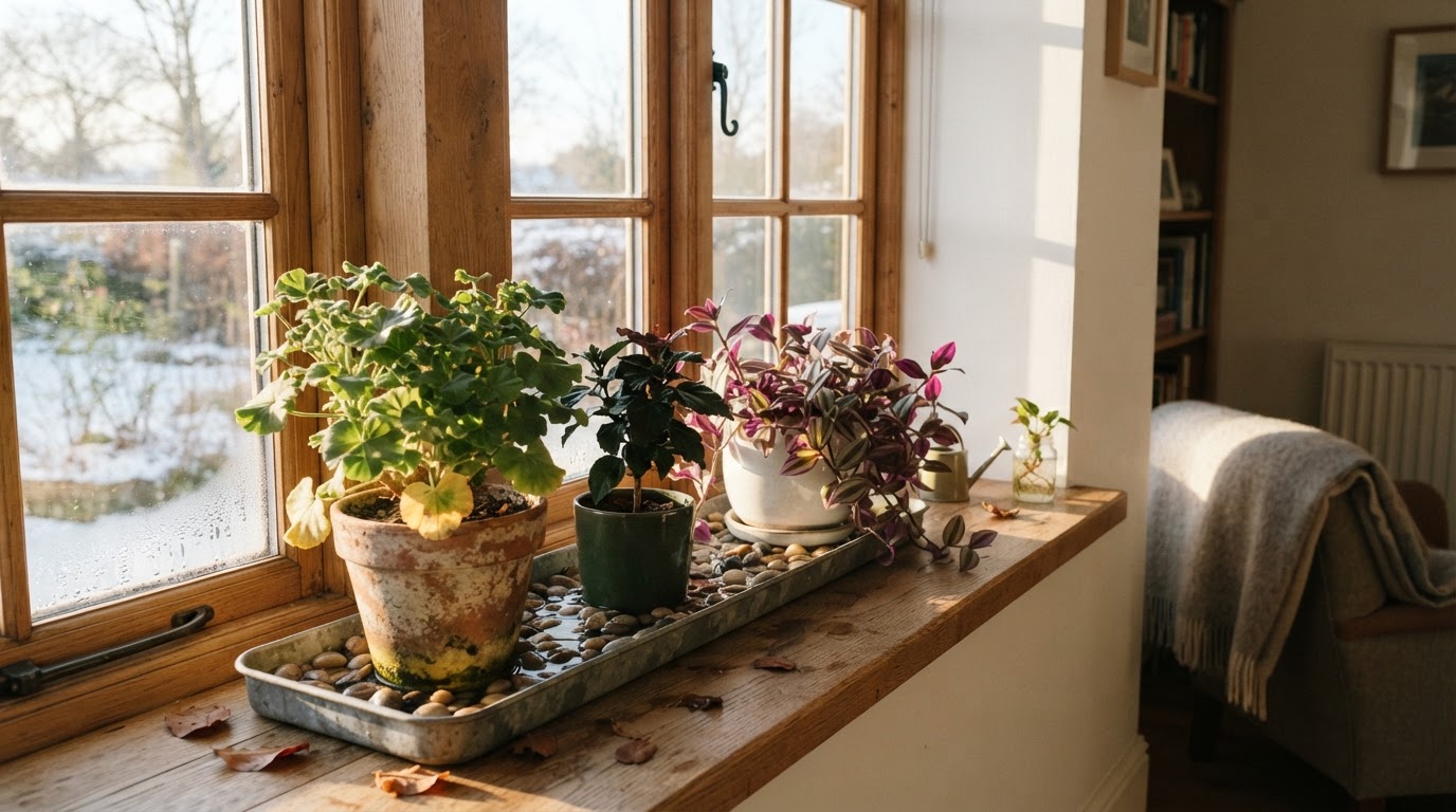 Tender plants overwintering on a bright winter windowsill indoors