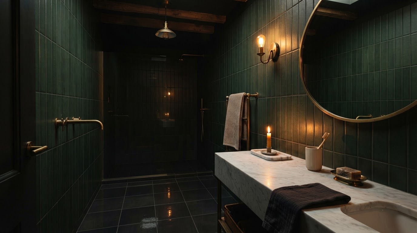 Forest green matte wall tiles with polished dark floor tiles in moody bathroom