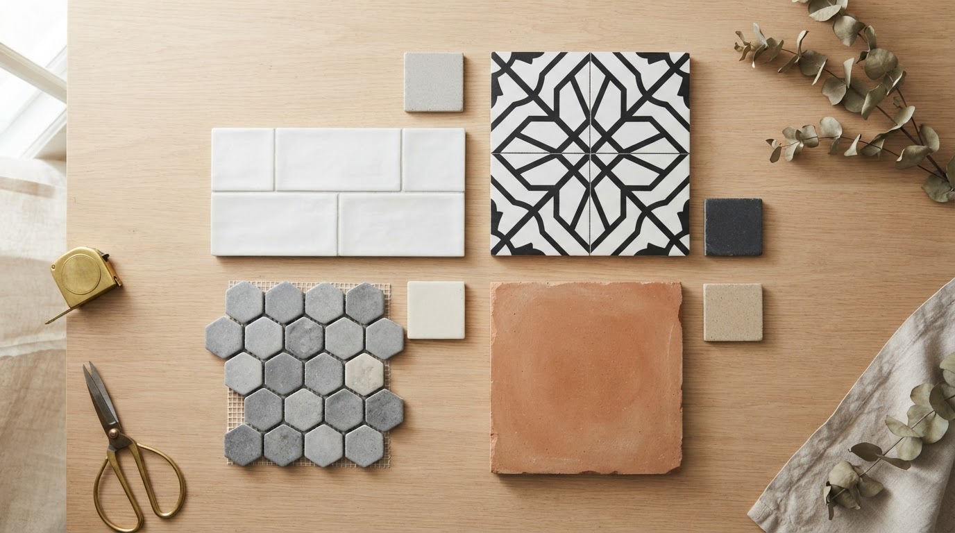 Overhead flat-lay of bathroom tile samples including subway, geometric, and terracotta