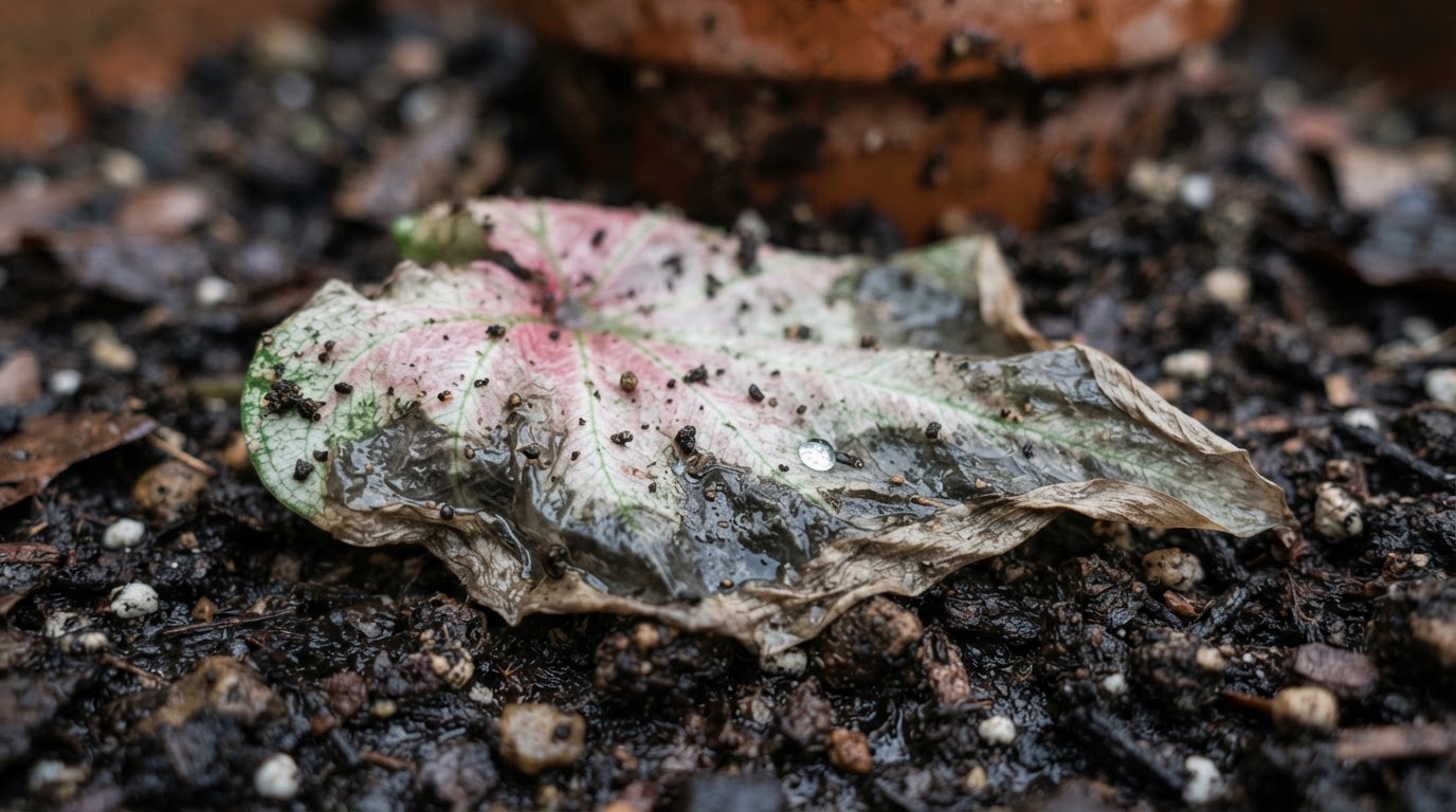 Frost-damaged caladium leaf with translucent edges on dark soil
