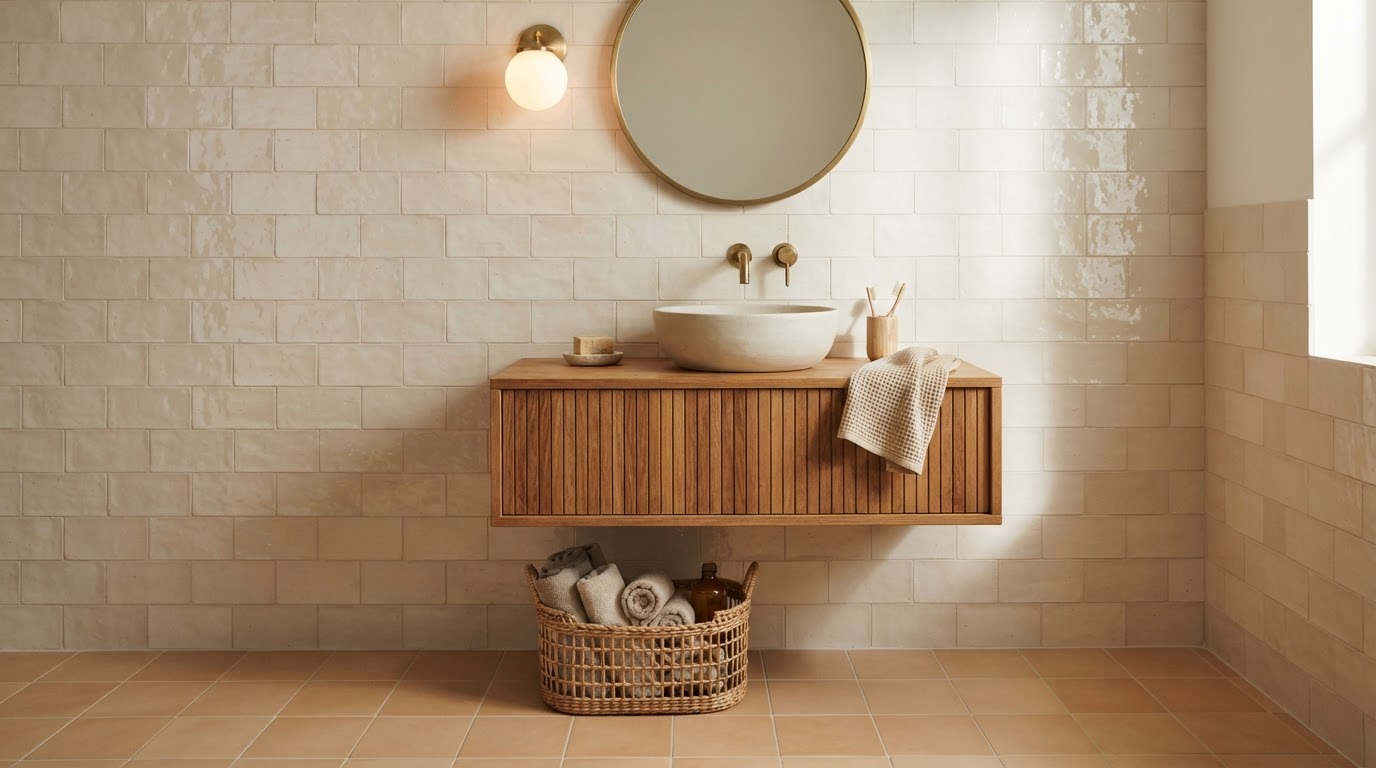 Zellige wall tiles with terracotta floor tiles in a warm neutral bathroom