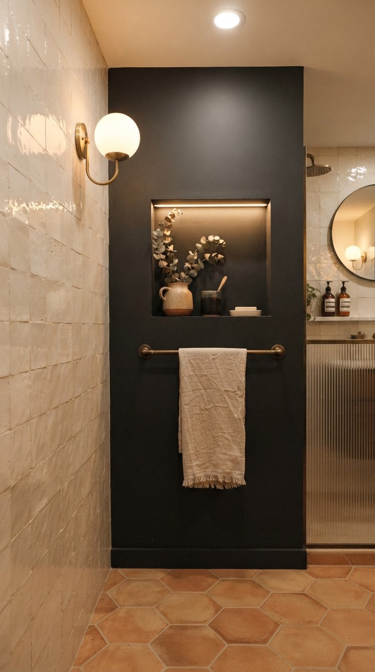 Vertical bathroom vignette with zellige walls, terracotta floor, and brass accents