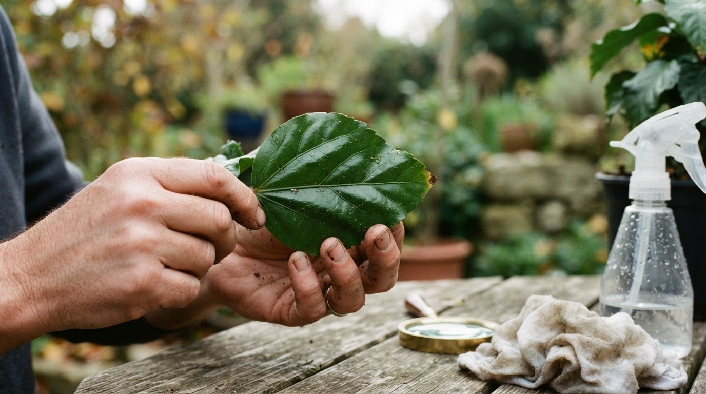Hands inspecting underside of hibiscus leaf for pests outdoors