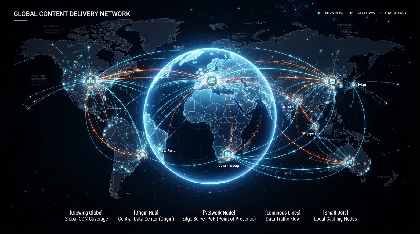 Global CDN network nodes diagram visualization