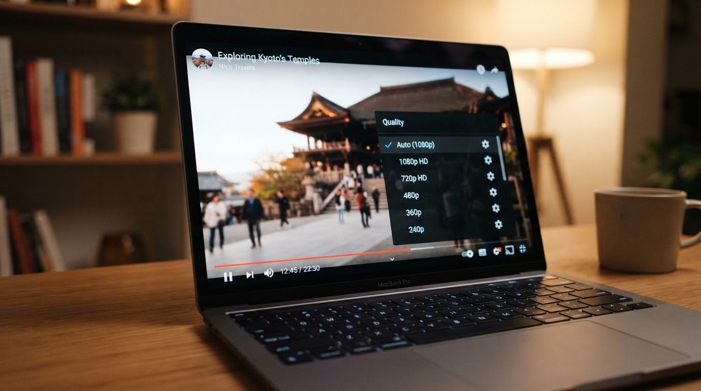 Video player quality selector on laptop screen