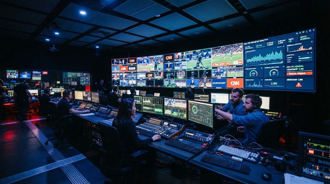 Broadcast operations center with live monitoring dashboards